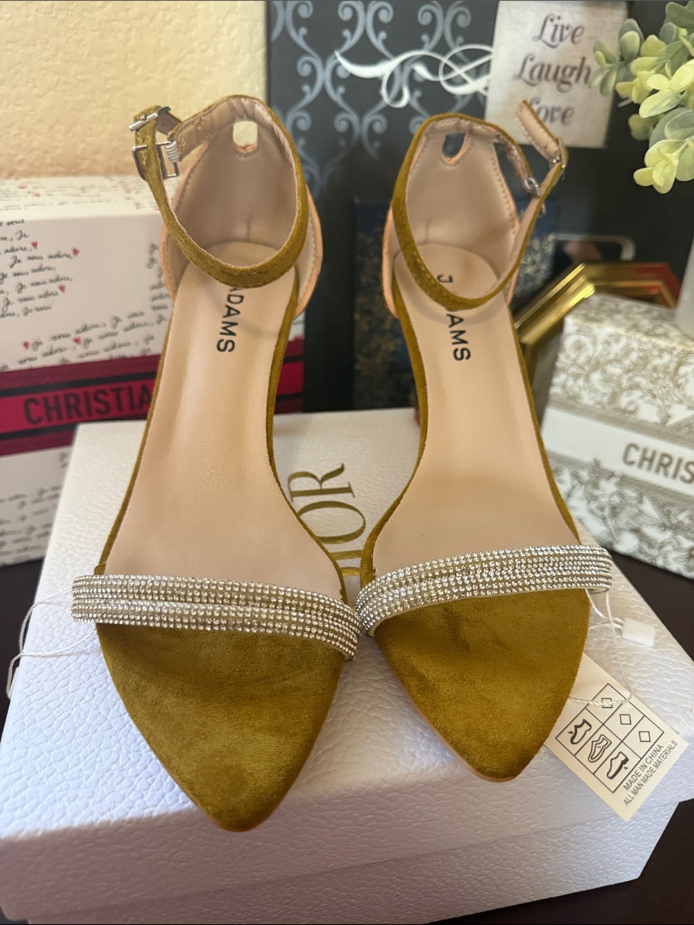 J. Adams Crystal Trim Mustard Suede Ankle Strap Heels NIB Size 7